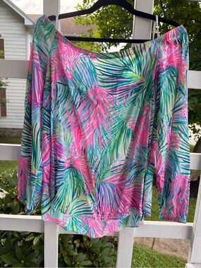 Lilly Pulitzer Off-Shoulder Tropical Leaf Print Top in Pink, Green, Blue